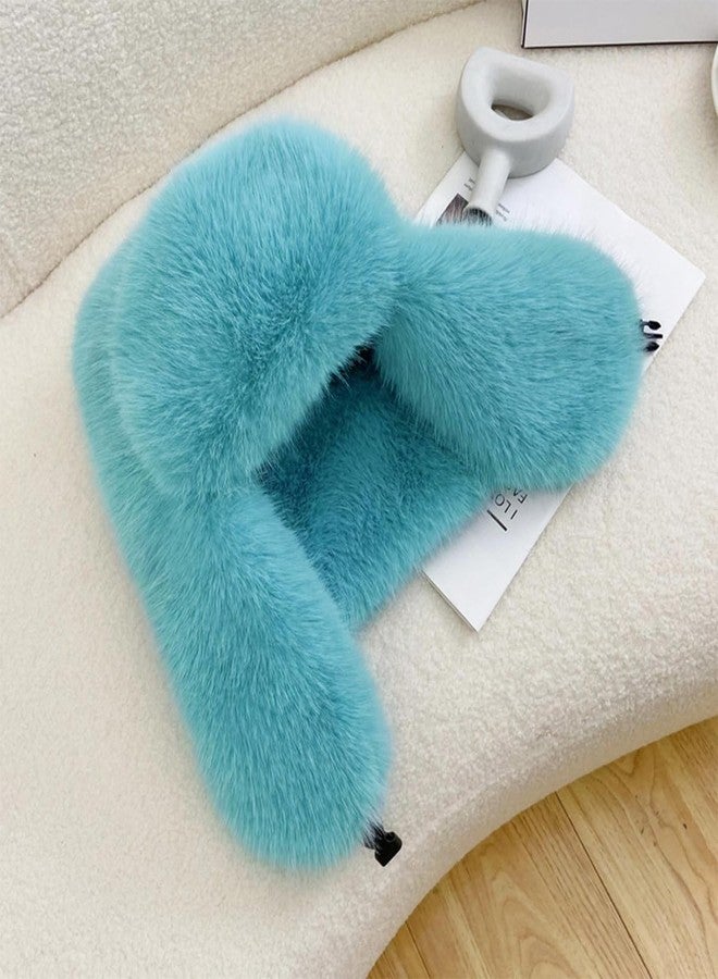 BSYLOO Women's Fluffy Trapper Hat, Long Pile Faux Fur Ushanka hat with Buckle, Luxurious Mink-Style Winter Warm Hat Azure - Image 2